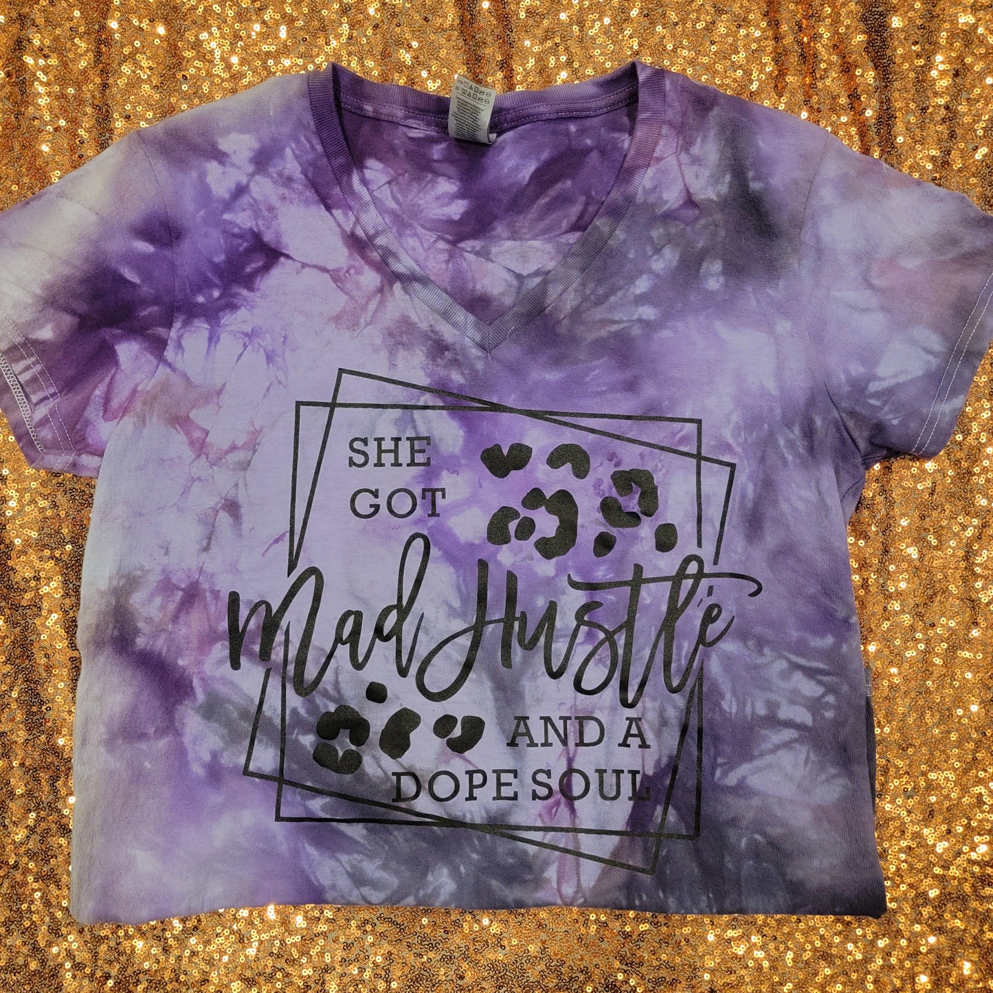 She Got Mad Hustle and a Dope Soul Ladies VNeck Purple Tie Dye