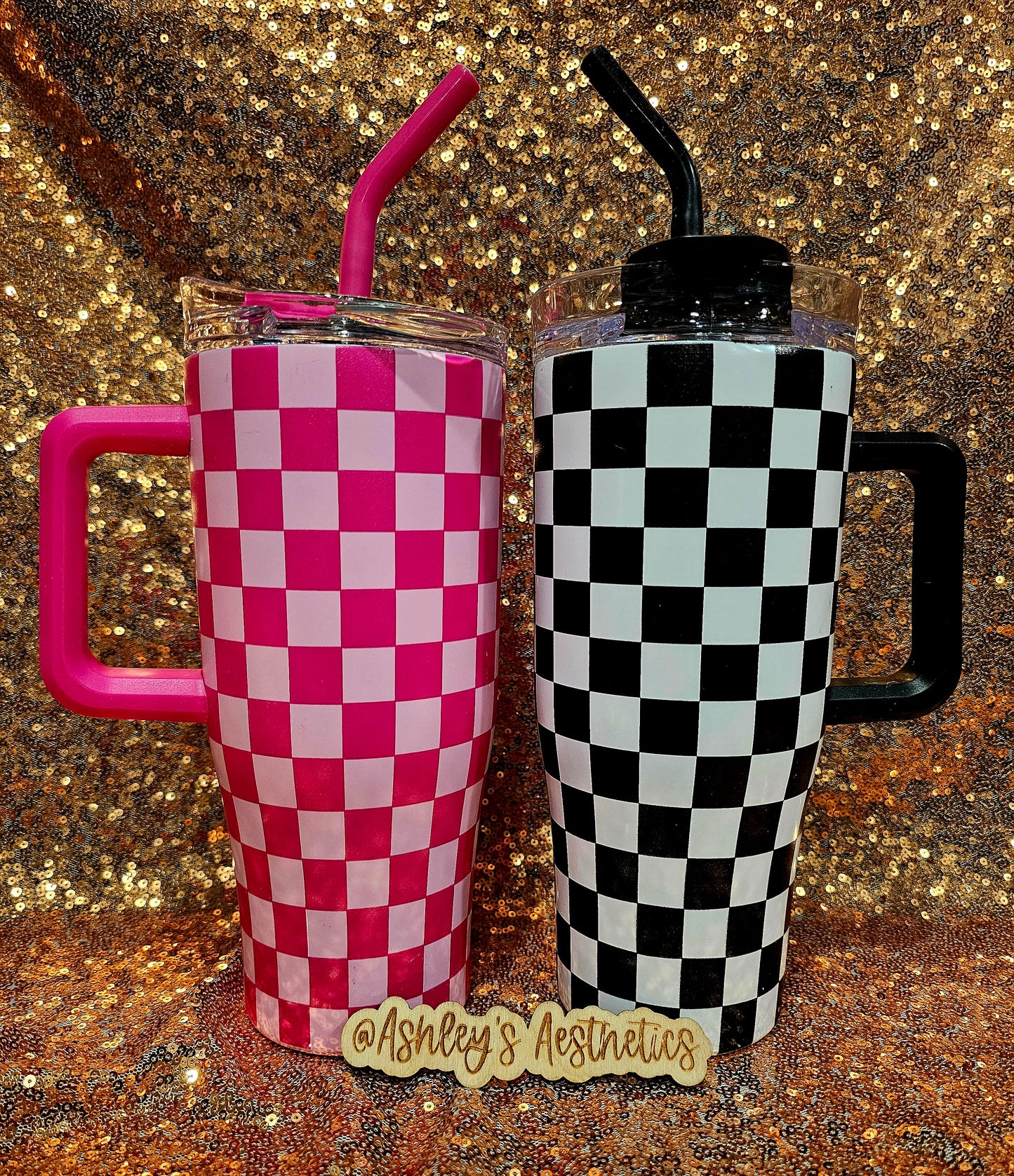 30oz Checkered Stainless Steel Tumbler with Lid and Rubber Straw Top