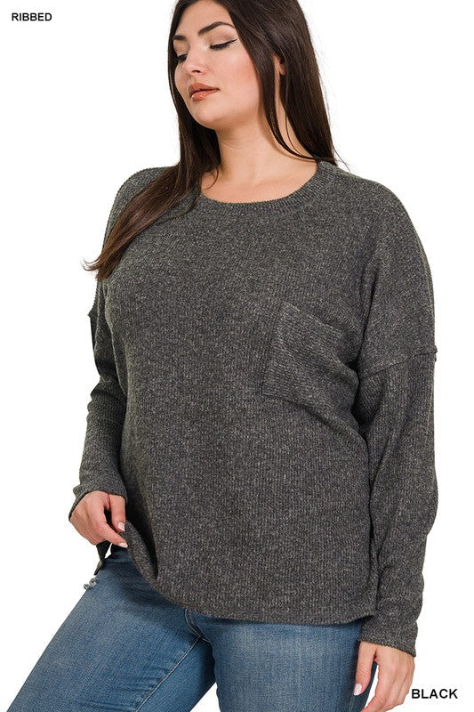 Zenana Black Soft Ribbed Brushed Melange Plus Size Sweater