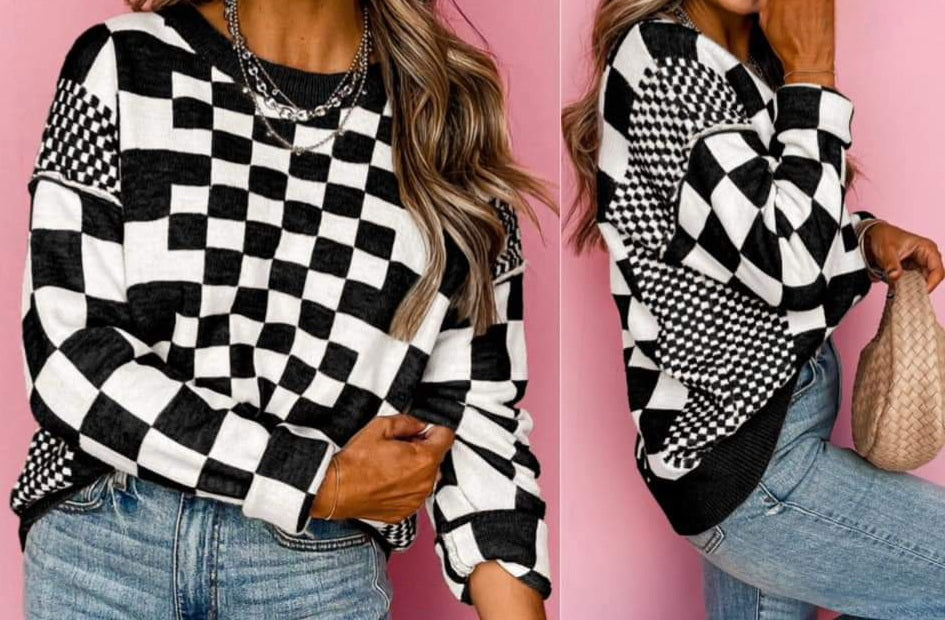 Black Checkered Print Drop Shoulder Round Neck Sweater