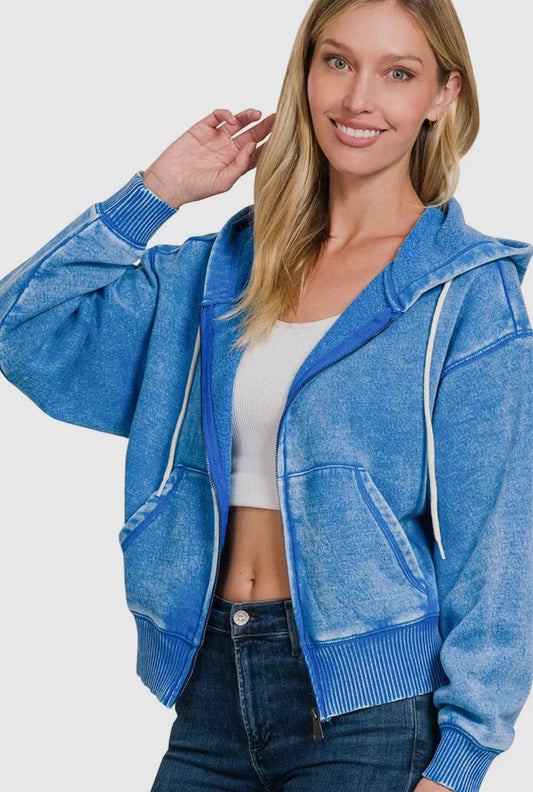 Blue Acid Wash Zip Up Hoodie