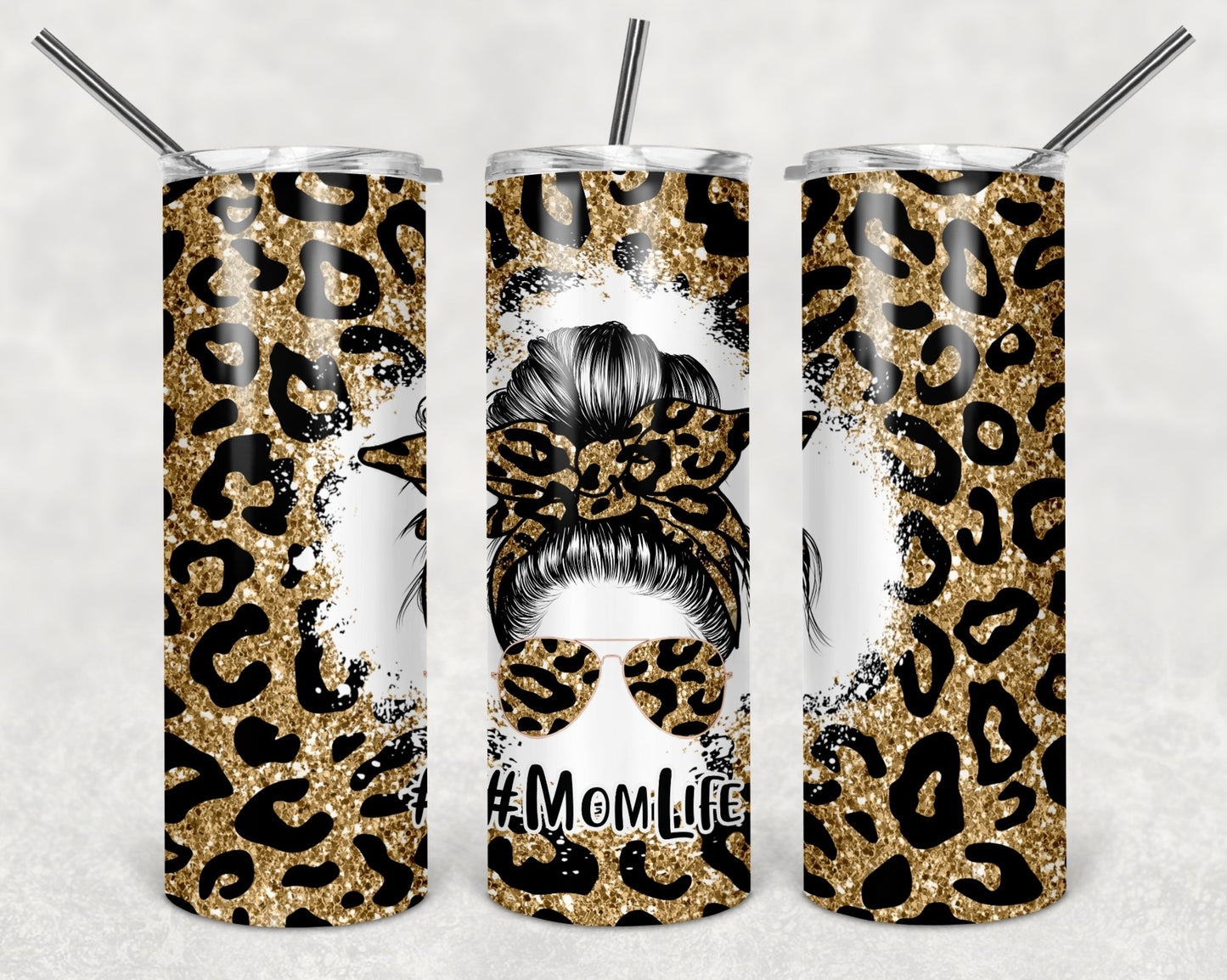 #MomLife Messy Bun Glitter Like Cheetah Print Tumbler