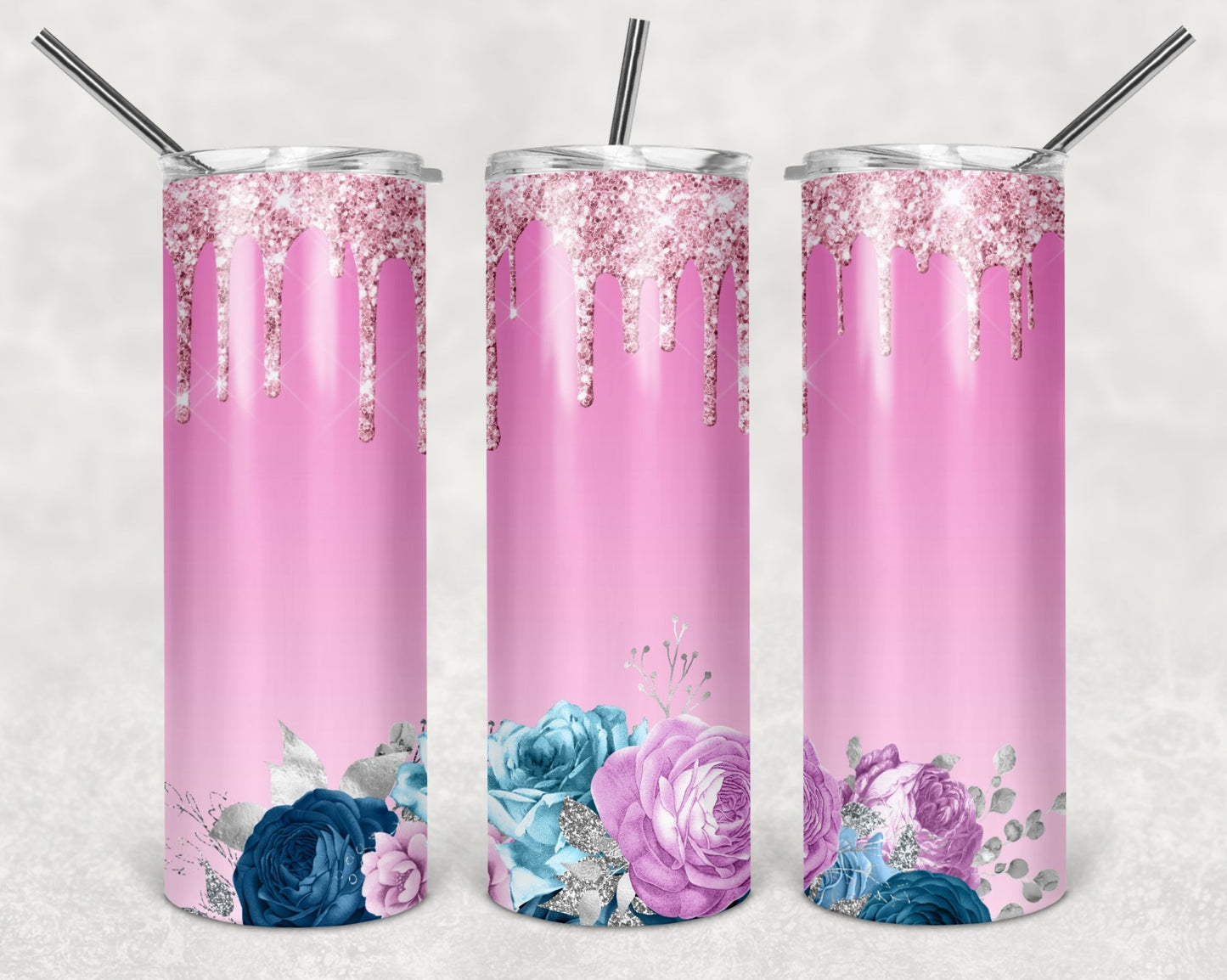 Floral Pink with Glitter Like Drip Tumbler