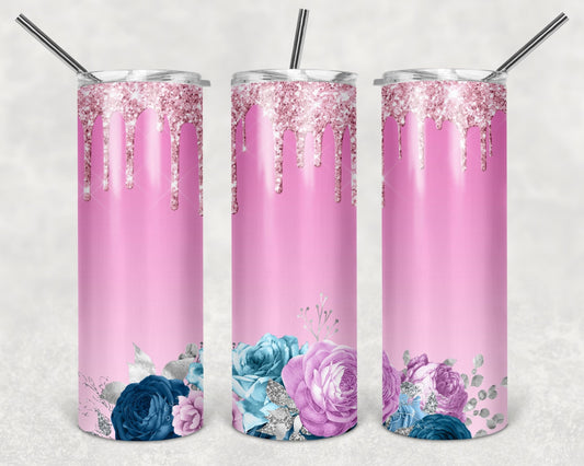 Floral Pink with Glitter Like Drip Tumbler