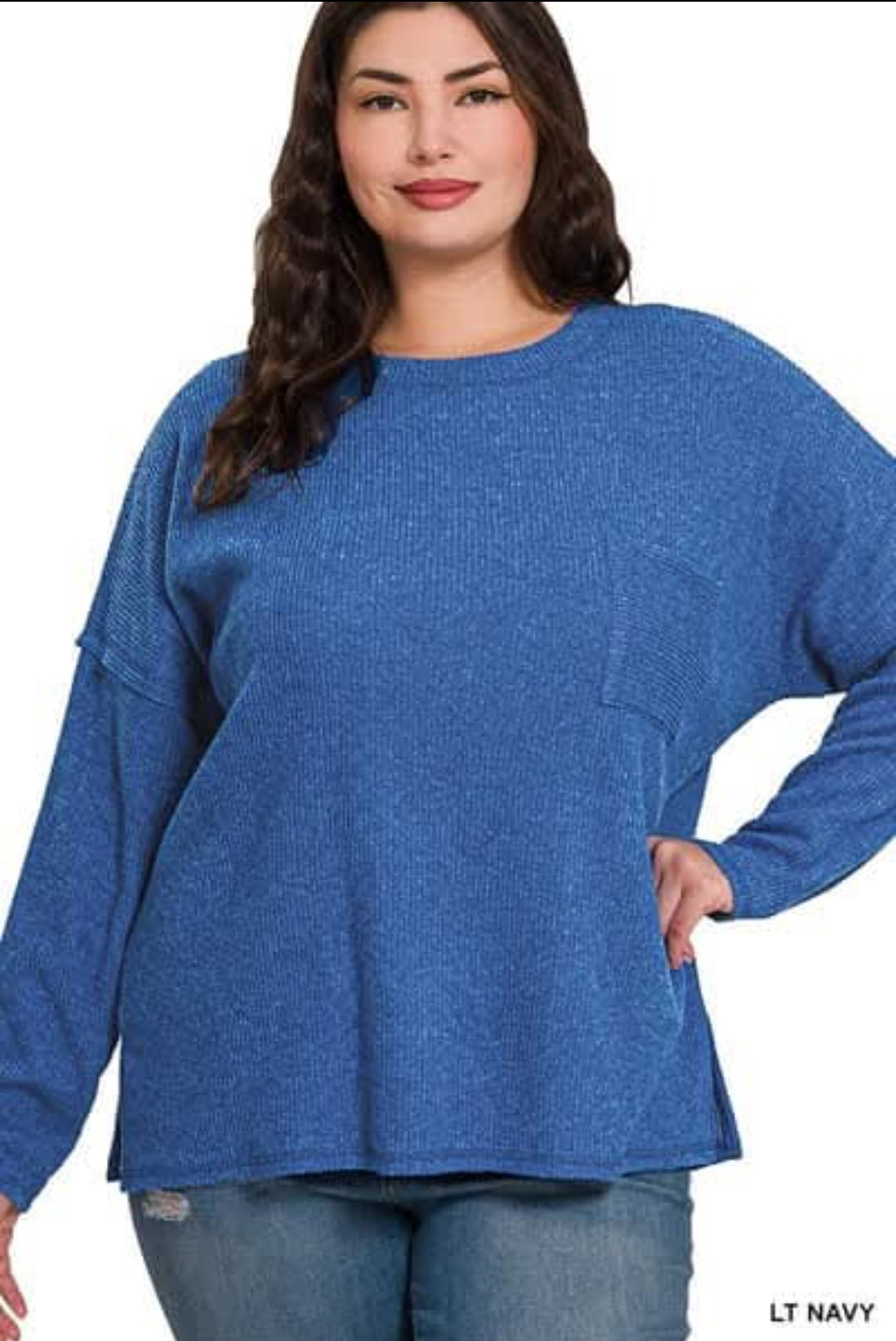 Zenana Light Navy Soft Ribbed Brushed Melange Plus Size Sweater