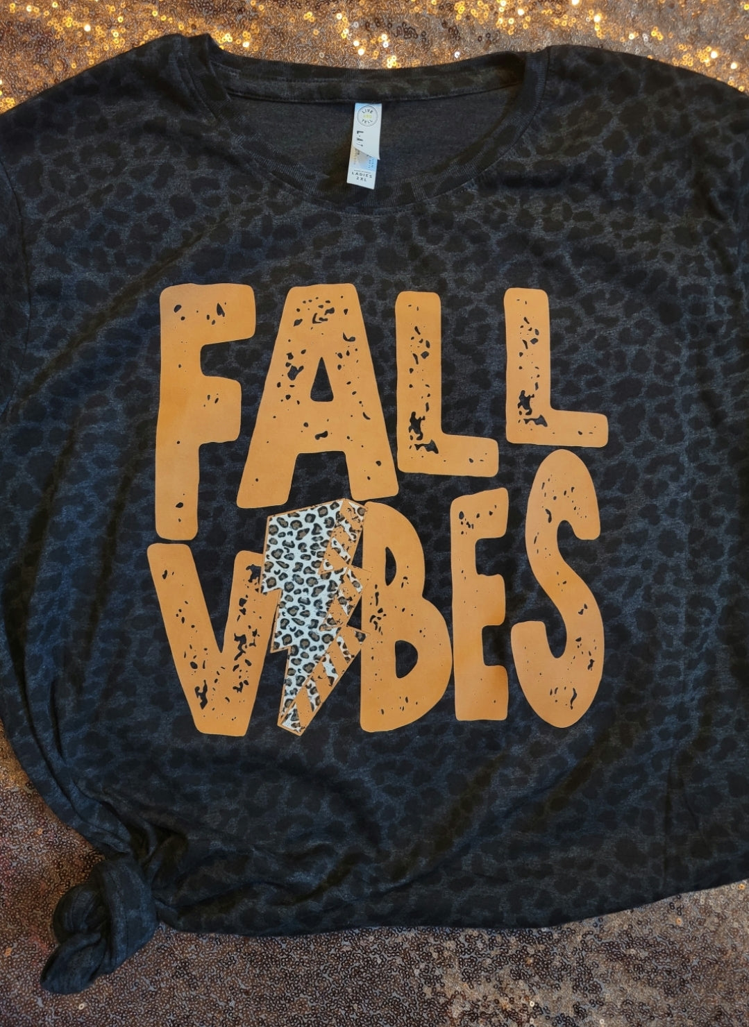 Distressed Fall Vibes Black Leopard Tee