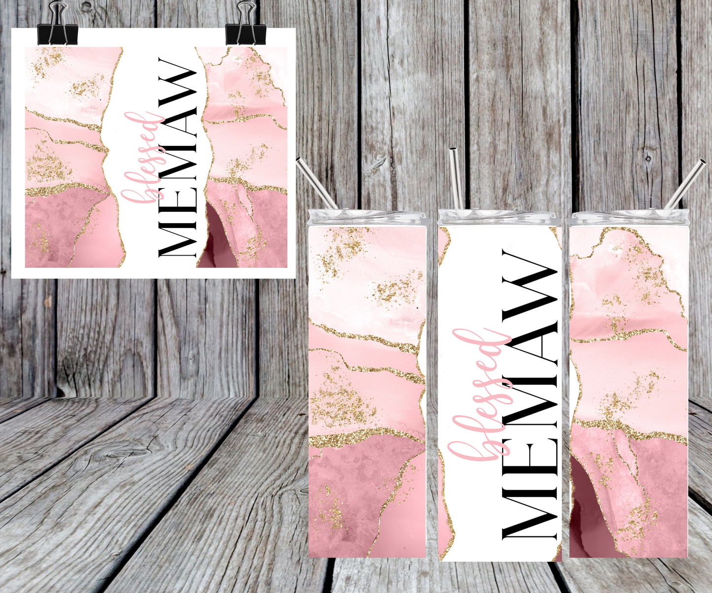 Pink Marble Blessed Mama, Auntie, Memaw, or Grammy Tumbler