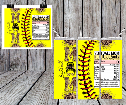 Softball Mom Nutritional Facts Tumbler