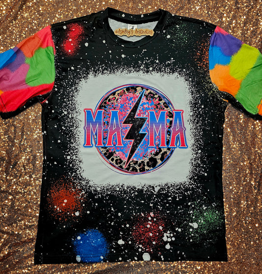 Mama Lightning Bolt Black Neon Splatter Faux Bleach Tee