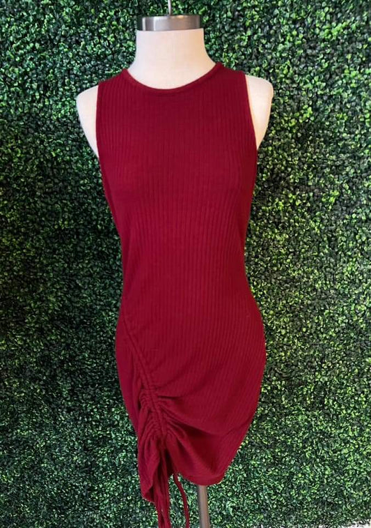 Wine Ribbed Ruched Dress