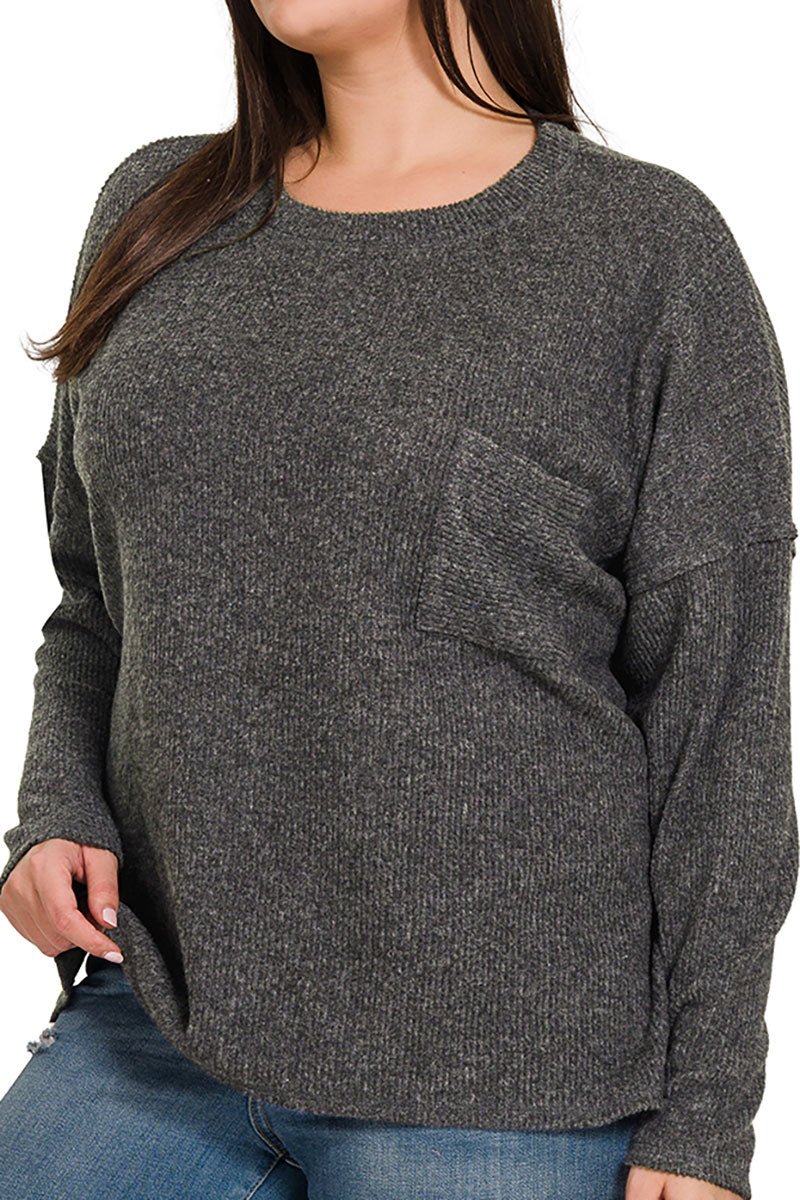 Zenana Black Soft Ribbed Brushed Melange Plus Size Sweater