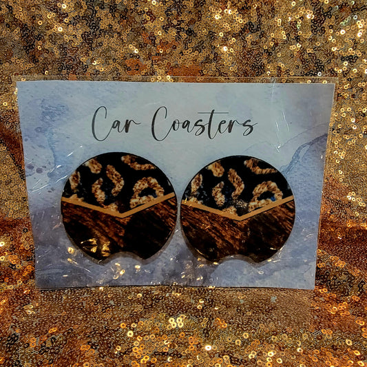 Wood and Leopard Print Neoprene Car Coasters