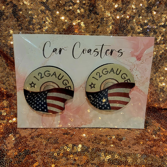 12 Gauge Shell and American Flag Neoprene Car Coasters