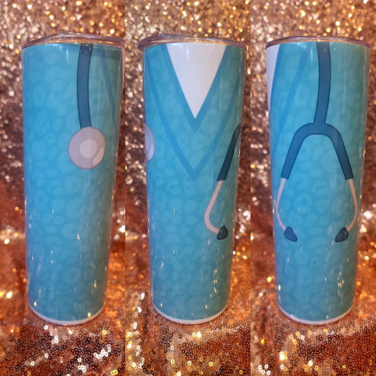 Leopard Teal Scrubs with Stethoscope Tumbler